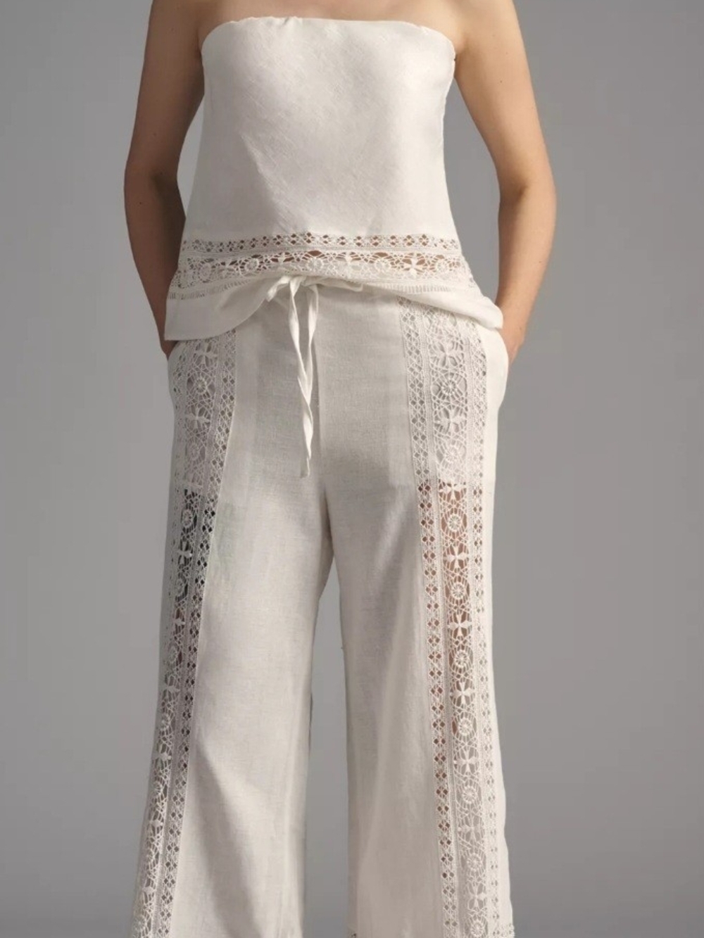 Anthropologie Cream Lace-Trim Wide Leg Linen Pants